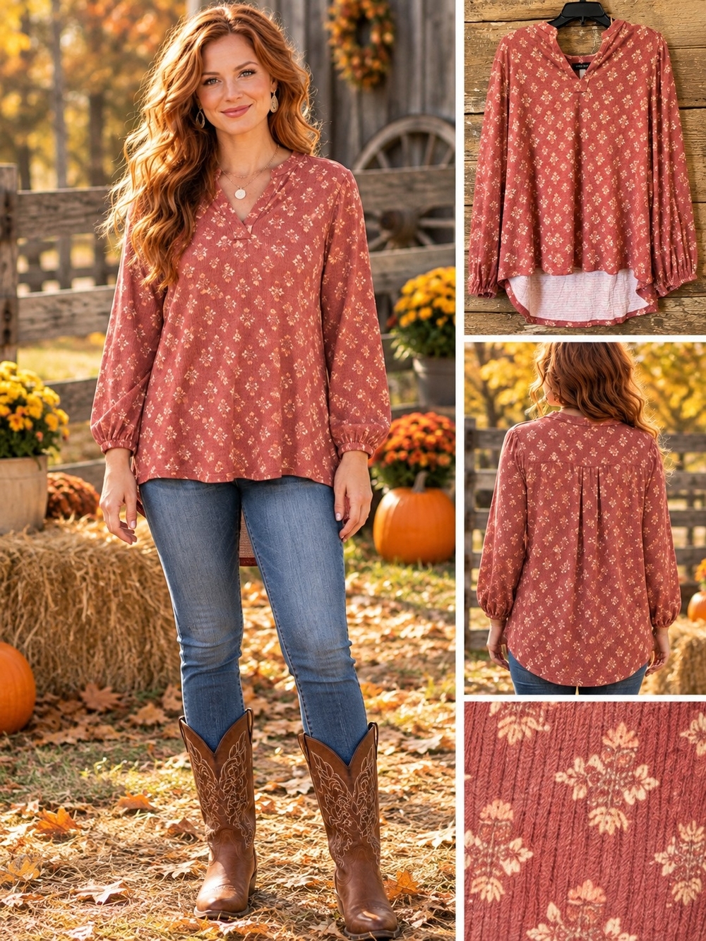 Cable & Gauge Women’s 1X Dusty Rose Floral Long Sleeve Tunic Top NWT